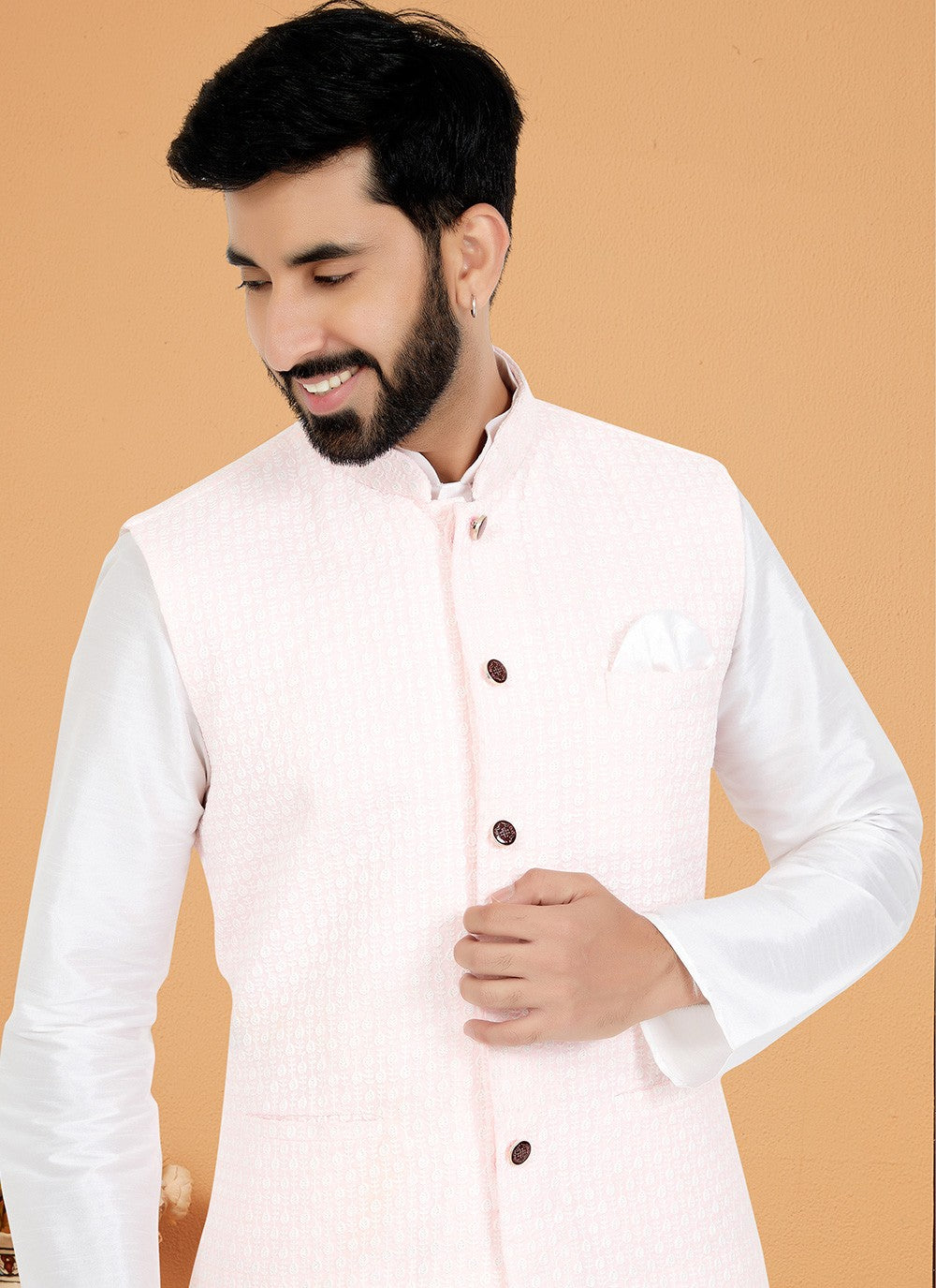 Resham Thread Work Dupion Silk Pink, White Kurta Payjama With Jacket - M5472
