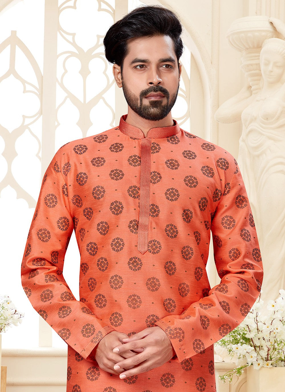 Printed Dupion Silk Peach Kurta - M5582