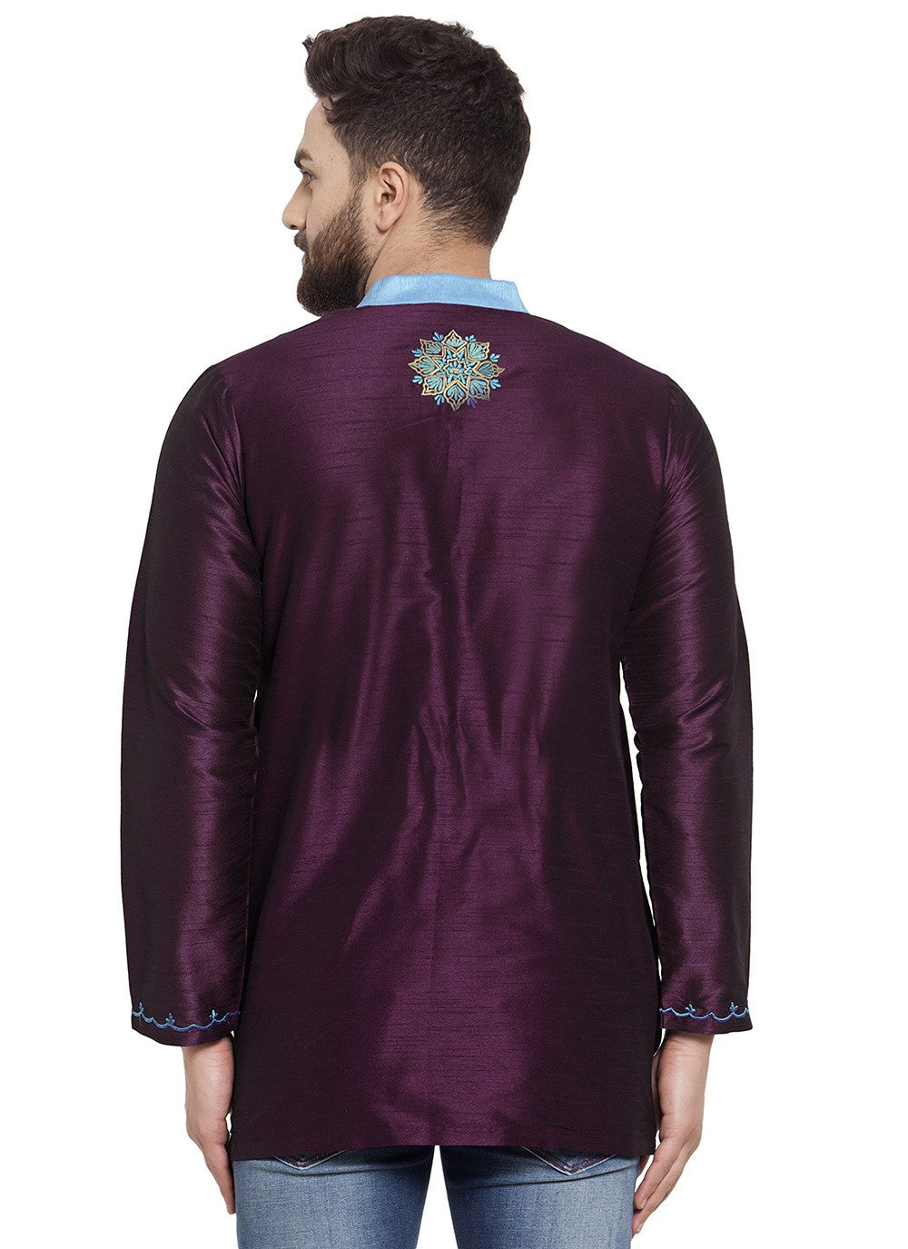Machine Embroidery Dupion Silk Purple Short Kurta - M5717