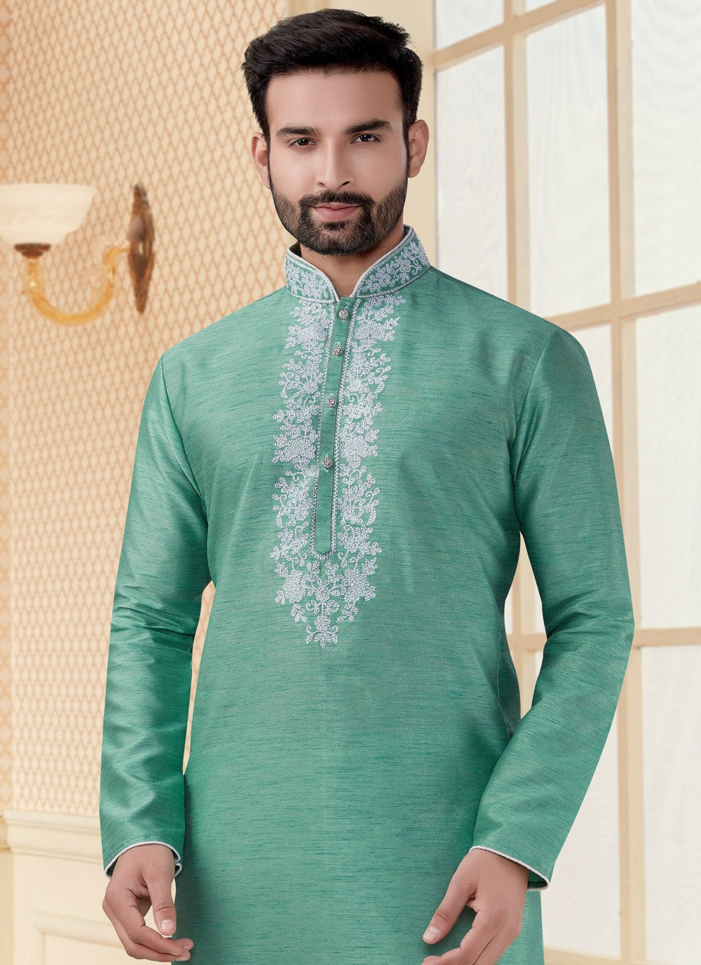 Thread Dupion Silk Sea Green Kurta - M5605