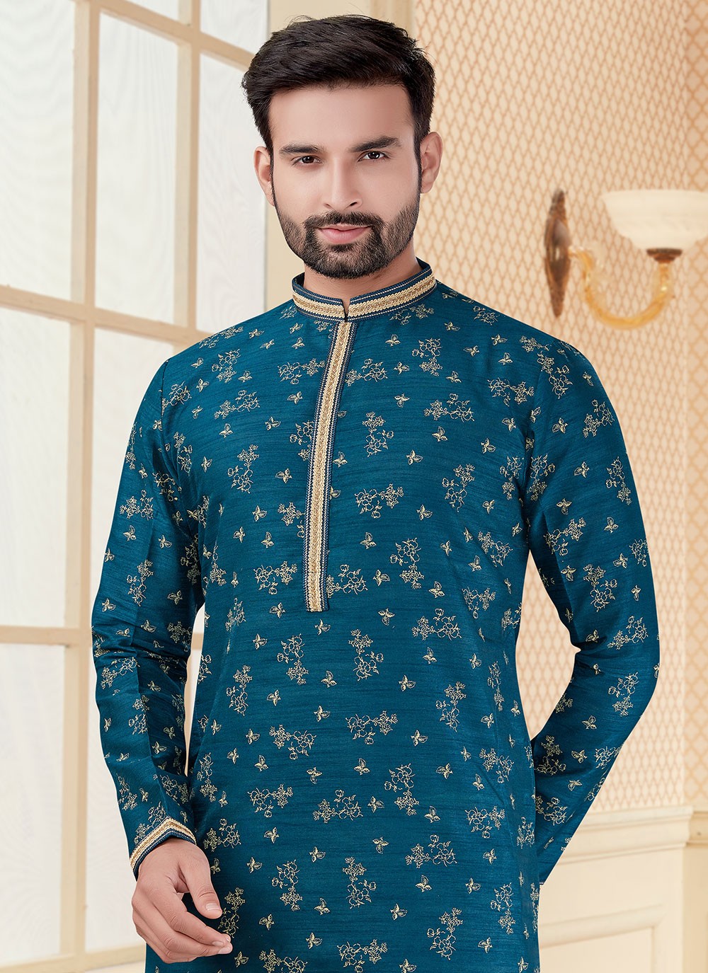 Thread Dupion Silk Teal Kurta - M5604