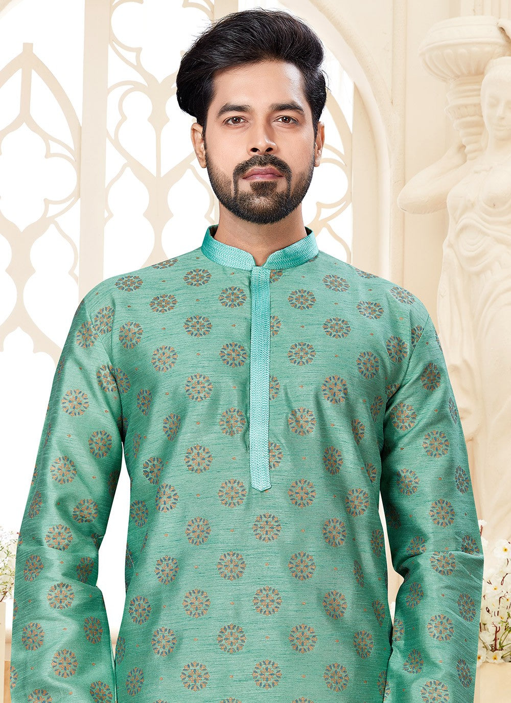 Printed Dupion Silk Green Kurta - M5584