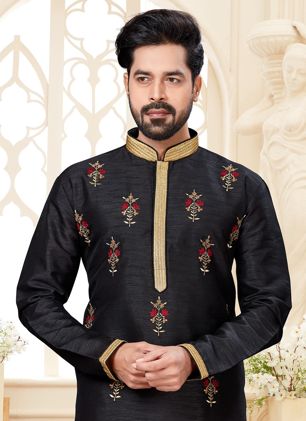 Embroidered Dupion Silk Black Kurta - M5581