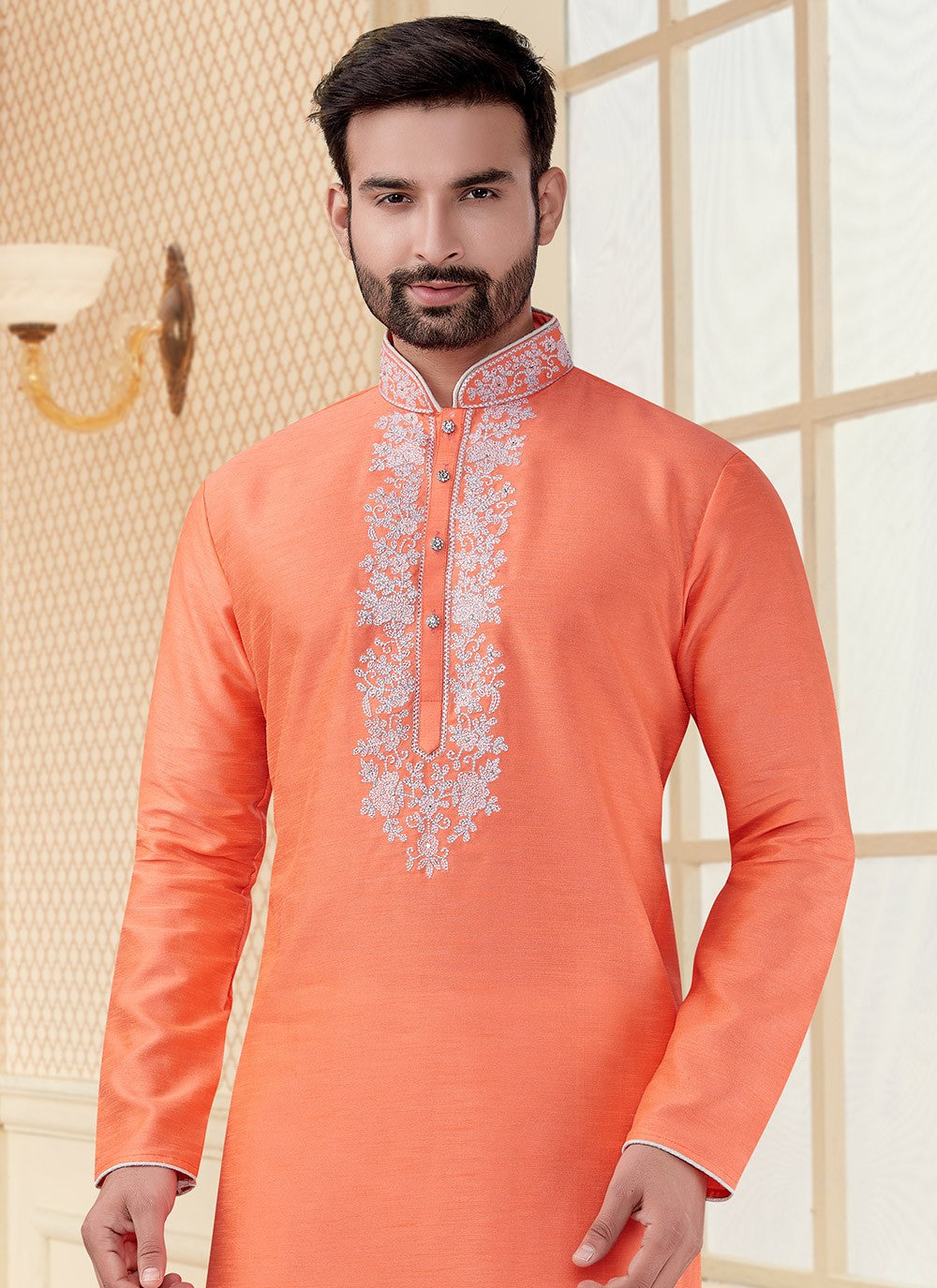 Thread Dupion Silk Orange Kurta - M5607