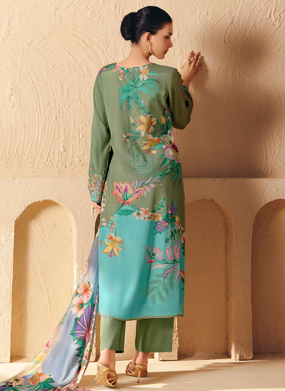 Pant Style Suit Digital Print, Embroidered, Patch, Resham Aqua Blue T8291