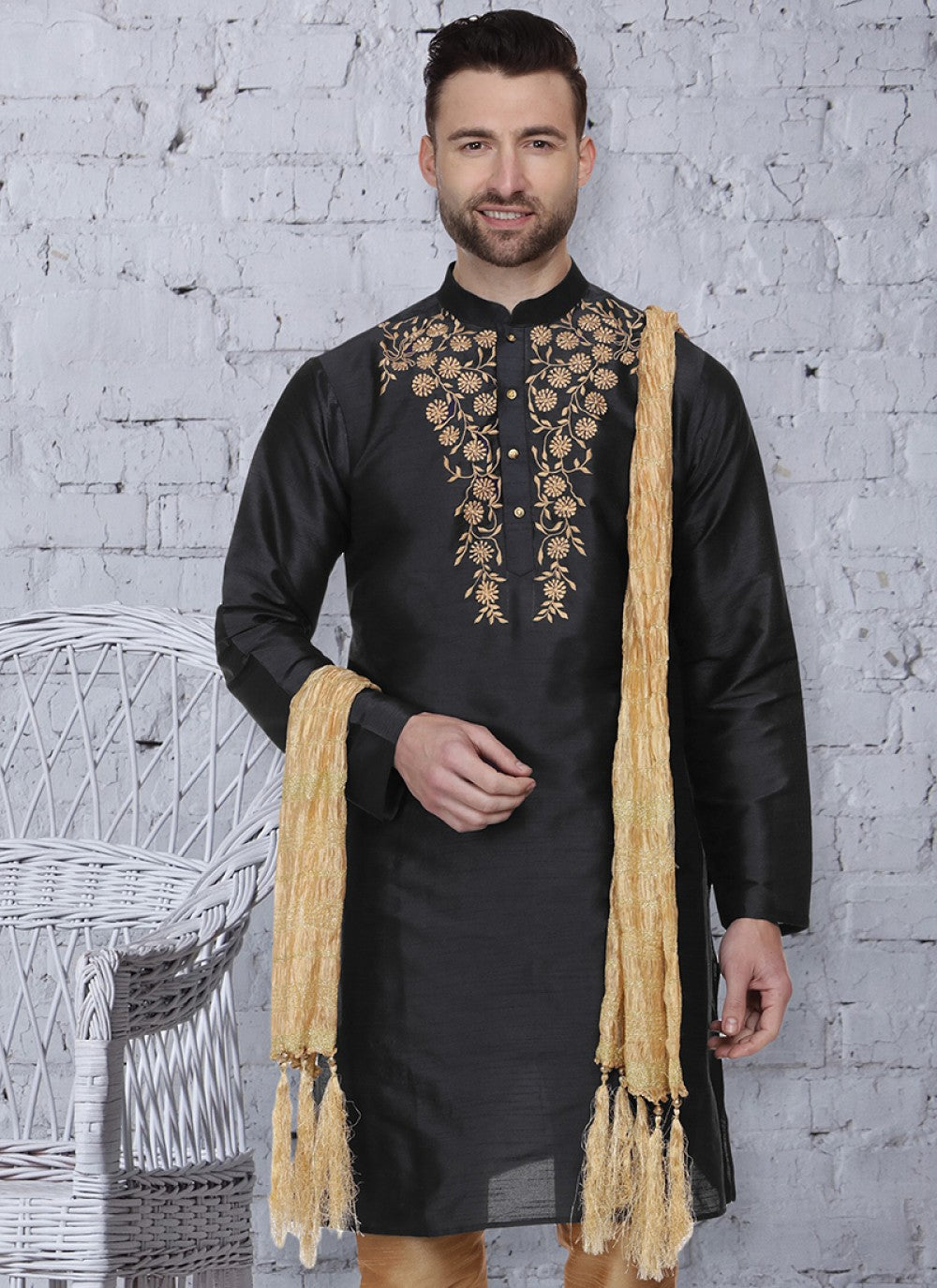 Embroidered Art Dupion Silk Black Kurta - M1477