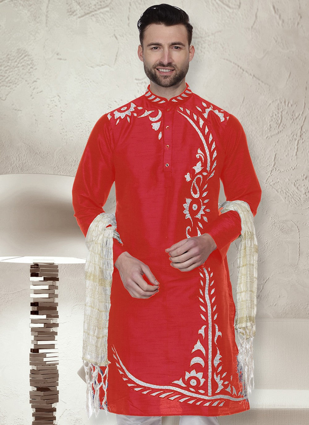 Embroidered Art Dupion Silk Red Kurta - M1485