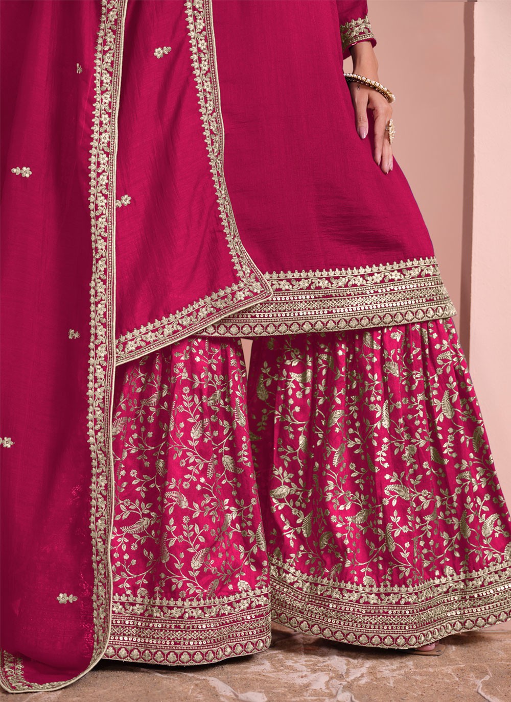 Embroidered Art Silk Hot Pink Salwar Suit T5992