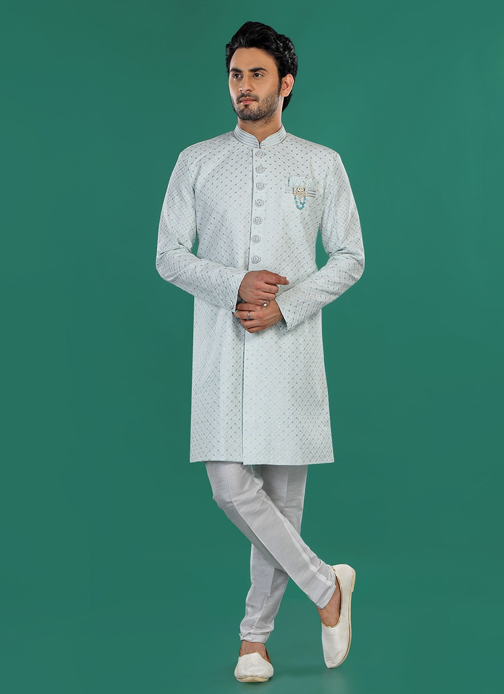 Embroidered Art Silk Aqua Blue Sherwani - M8809