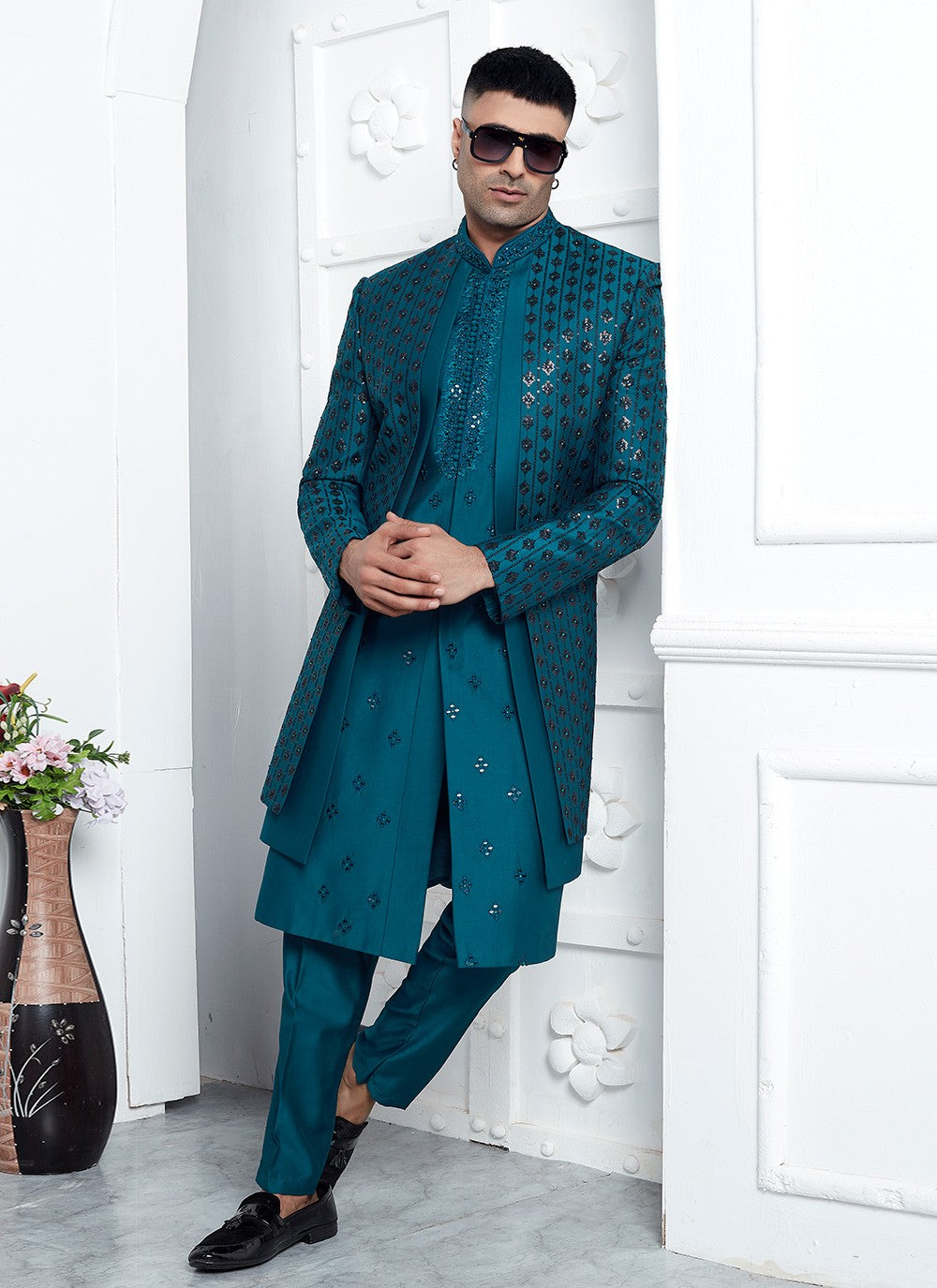 Embroidered Art Silk Teal Sherwani - M8247