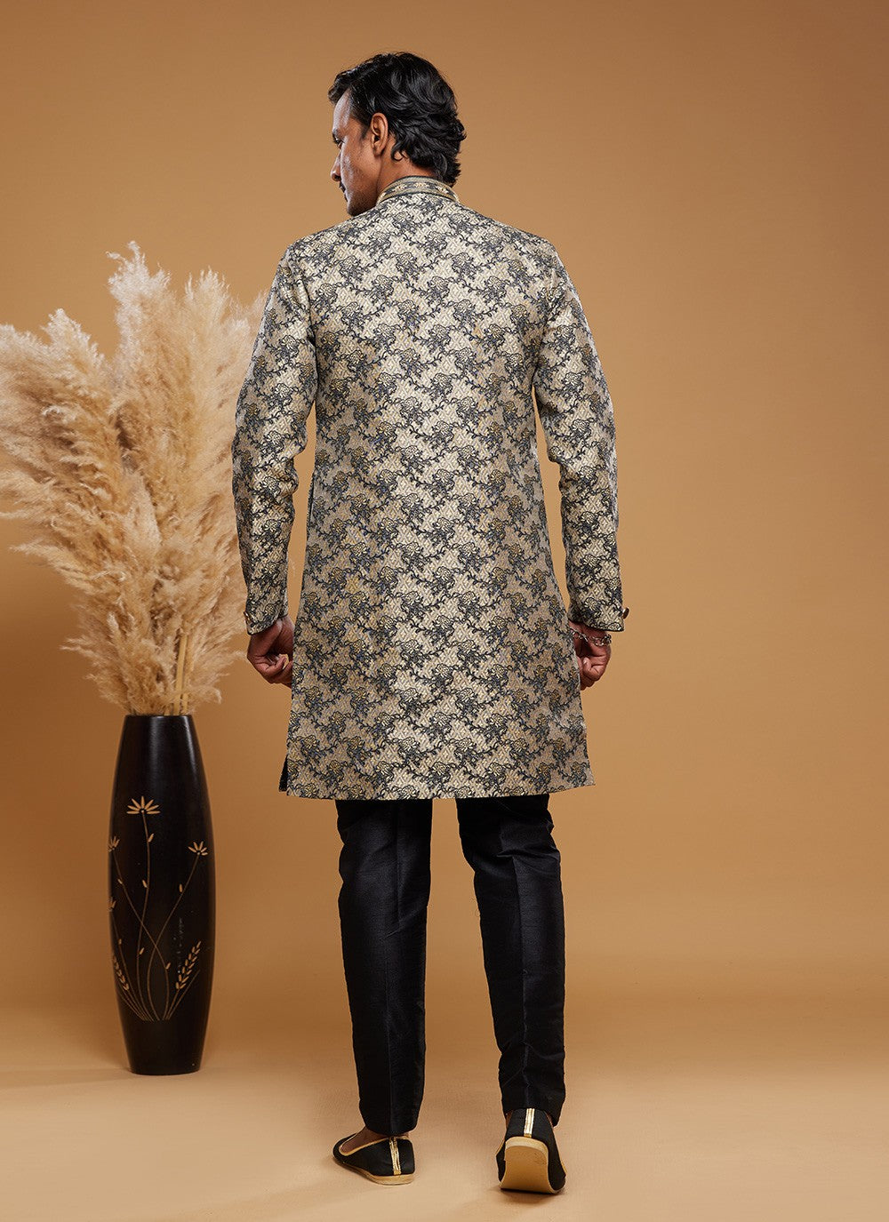 Embroidered Banarasi Jacquard Beige Indo Western - M6017