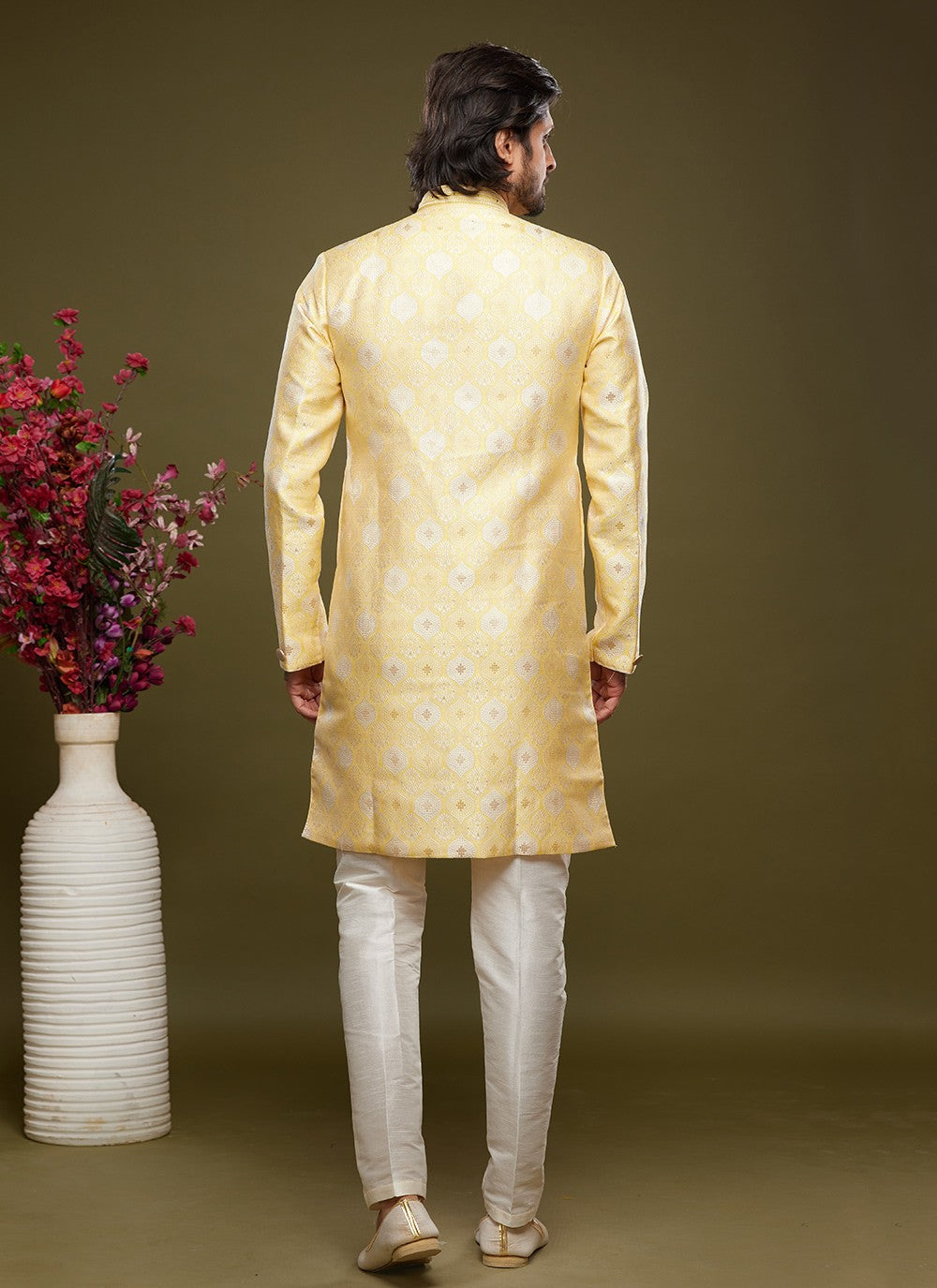 Embroidered Banarasi Jacquard Yellow Indo Western - M5819