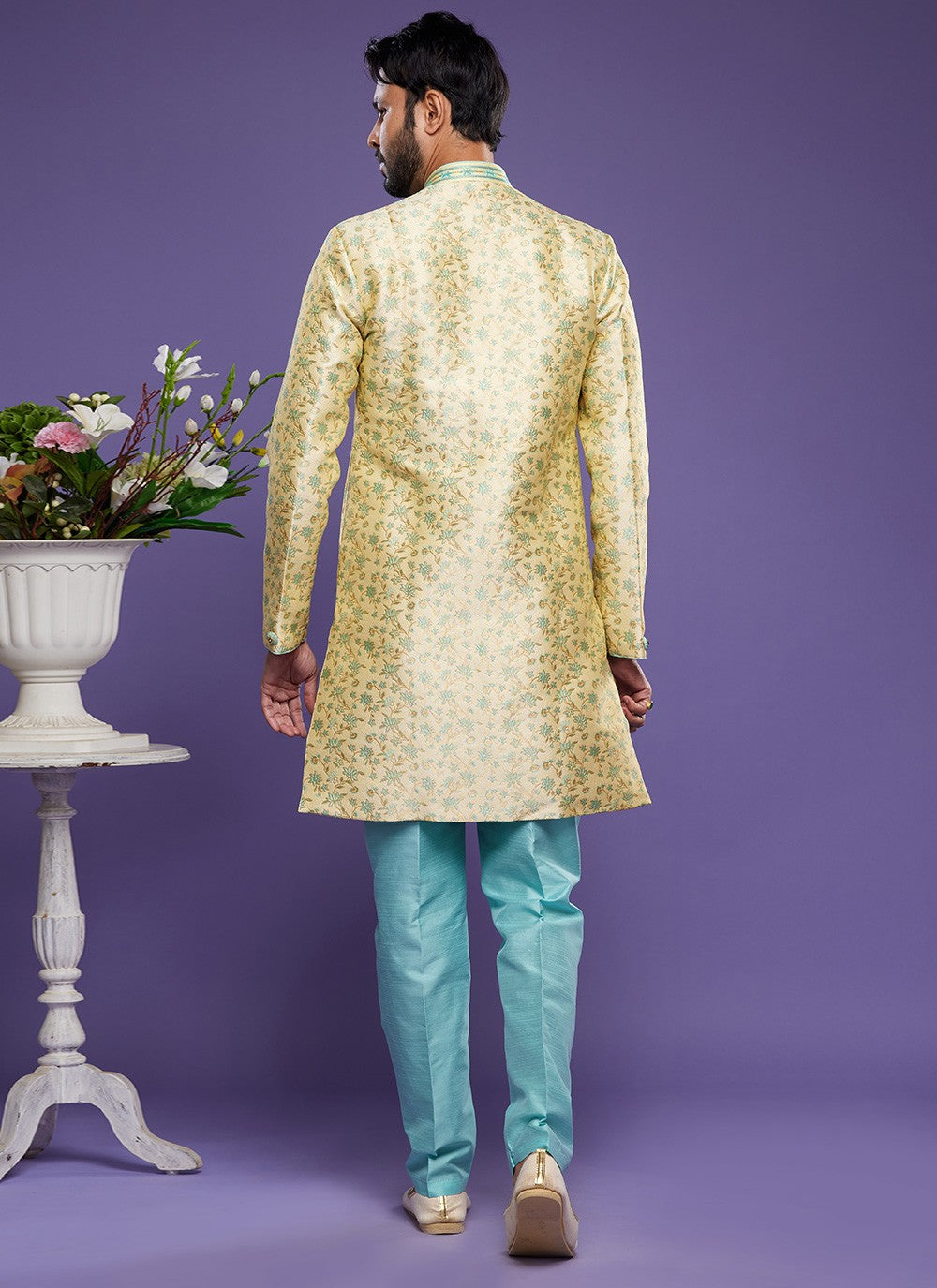 Embroidered Banarasi Jacquard Yellow Indo Western - M6009