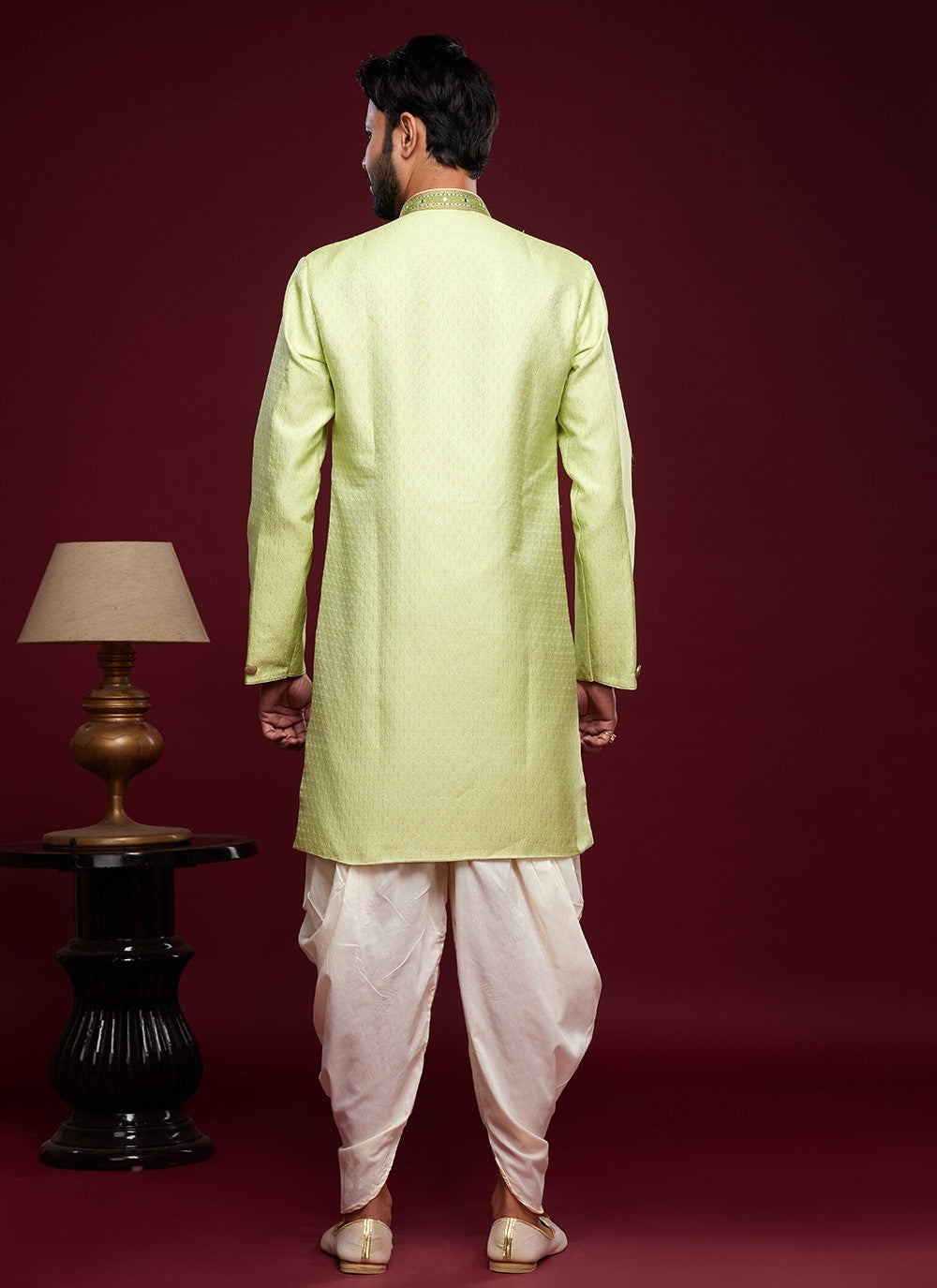 Embroidered Banarasi Jacquard Green Indo Western Sherwani - M5790