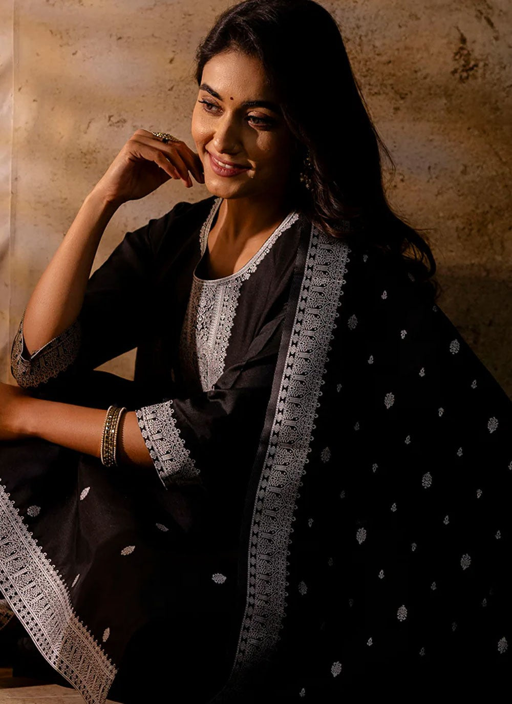 Pant Style Suit Embroidered Black T6842