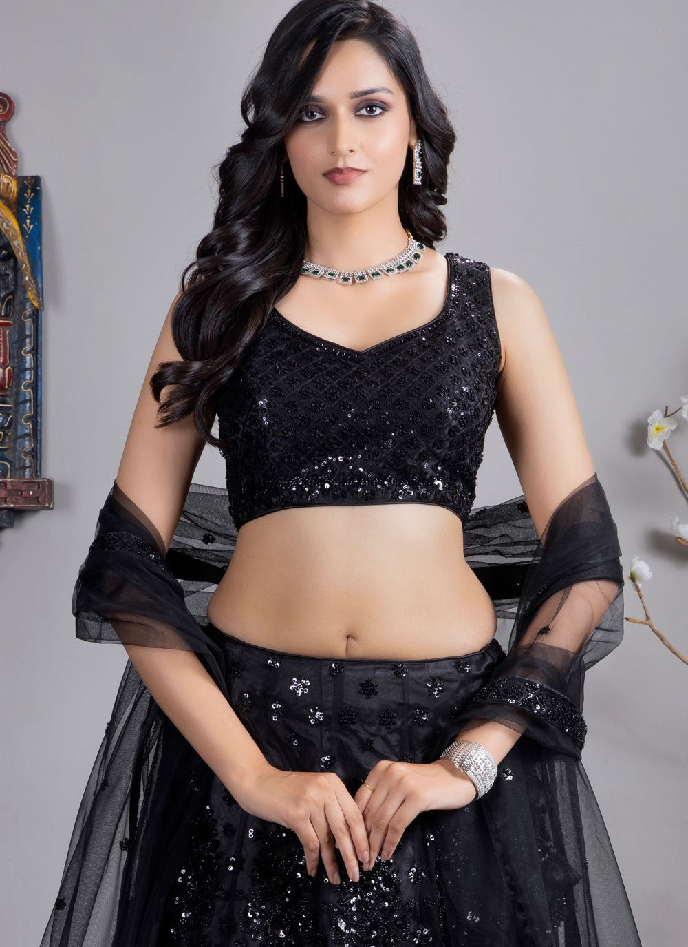 Embroidered Satin Silk Black Lehenga Choli L3705