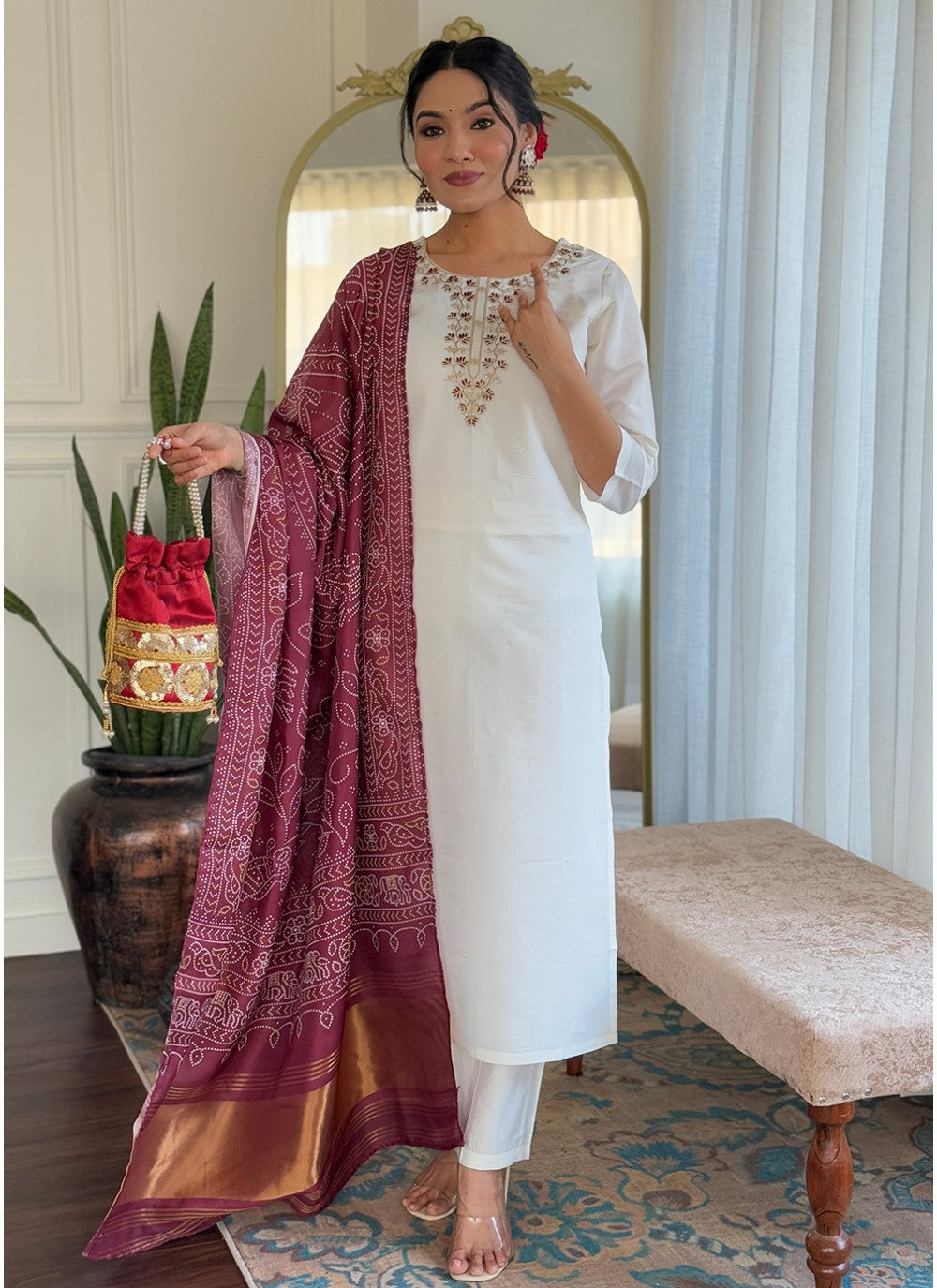 Embroidered Silk Off White Pant Style Suit T6024