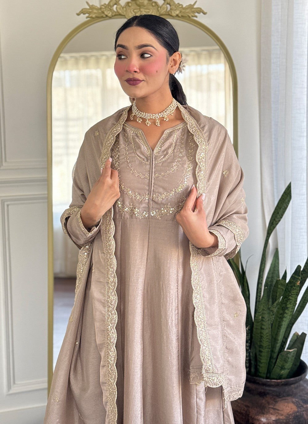 Pant Style Suit Embroidered, Zari Beige T7315