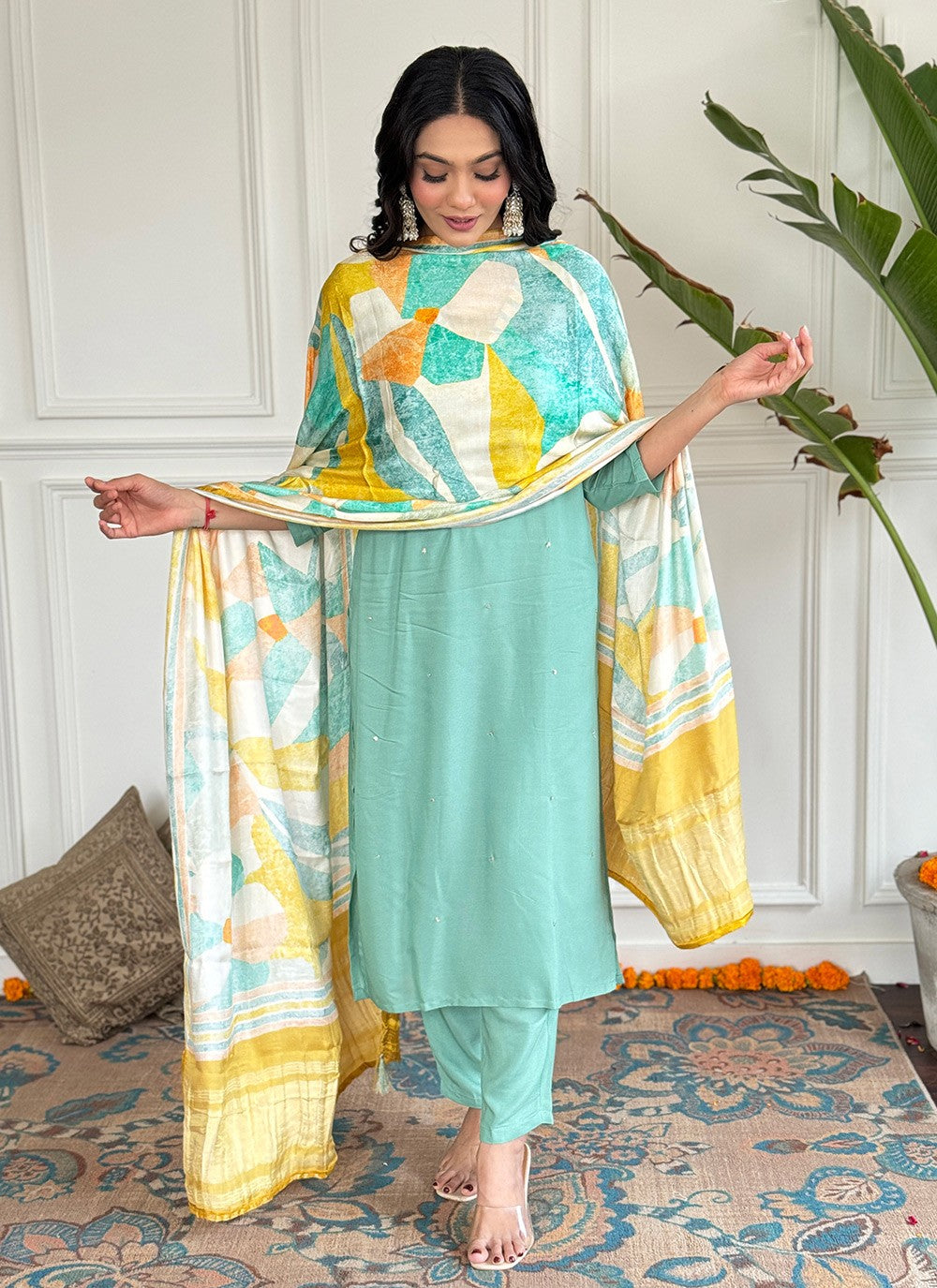 Salwar Suit Embroidered Aqua Blue Viscose T5015