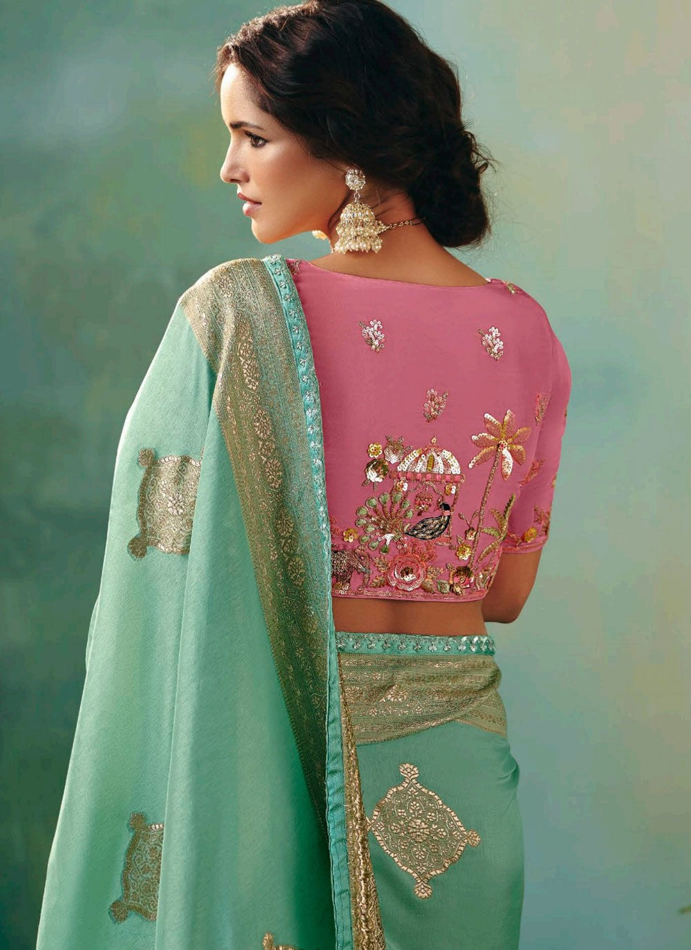 Sea Green Silk Contemporary Saree Embroidered, Weaving Zari S20204