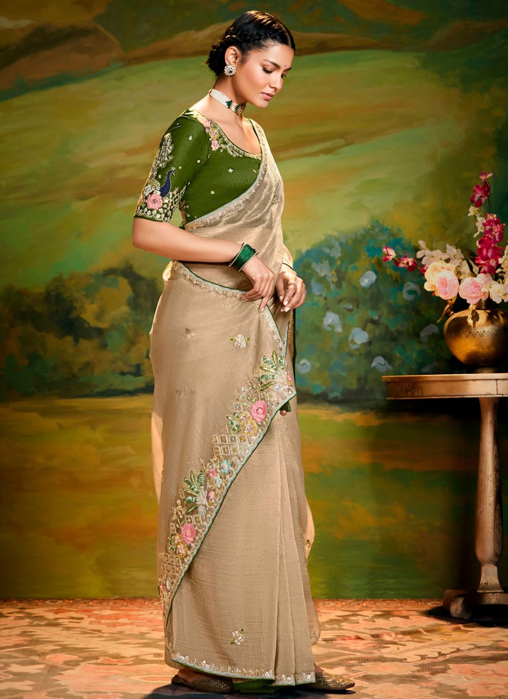 Embroidered Fancy Fabric Cream Designer Saree S15248