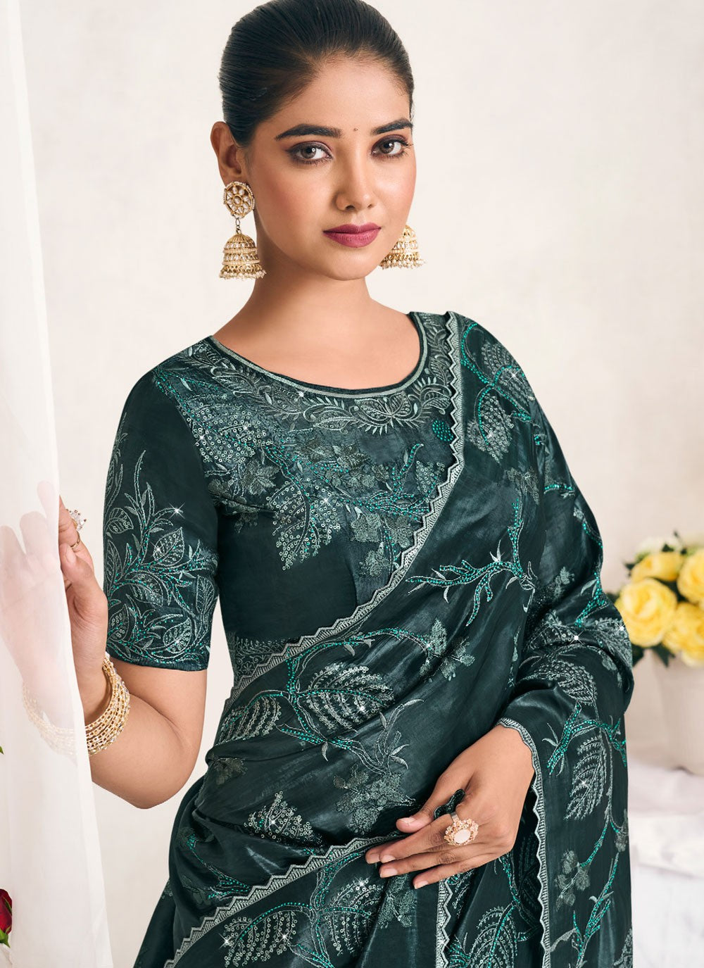 Traditional Cut Work Black Silk S12748
