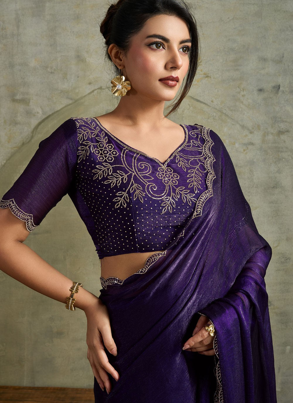 Purple Chiffon Traditional Saree Embroidered S19828