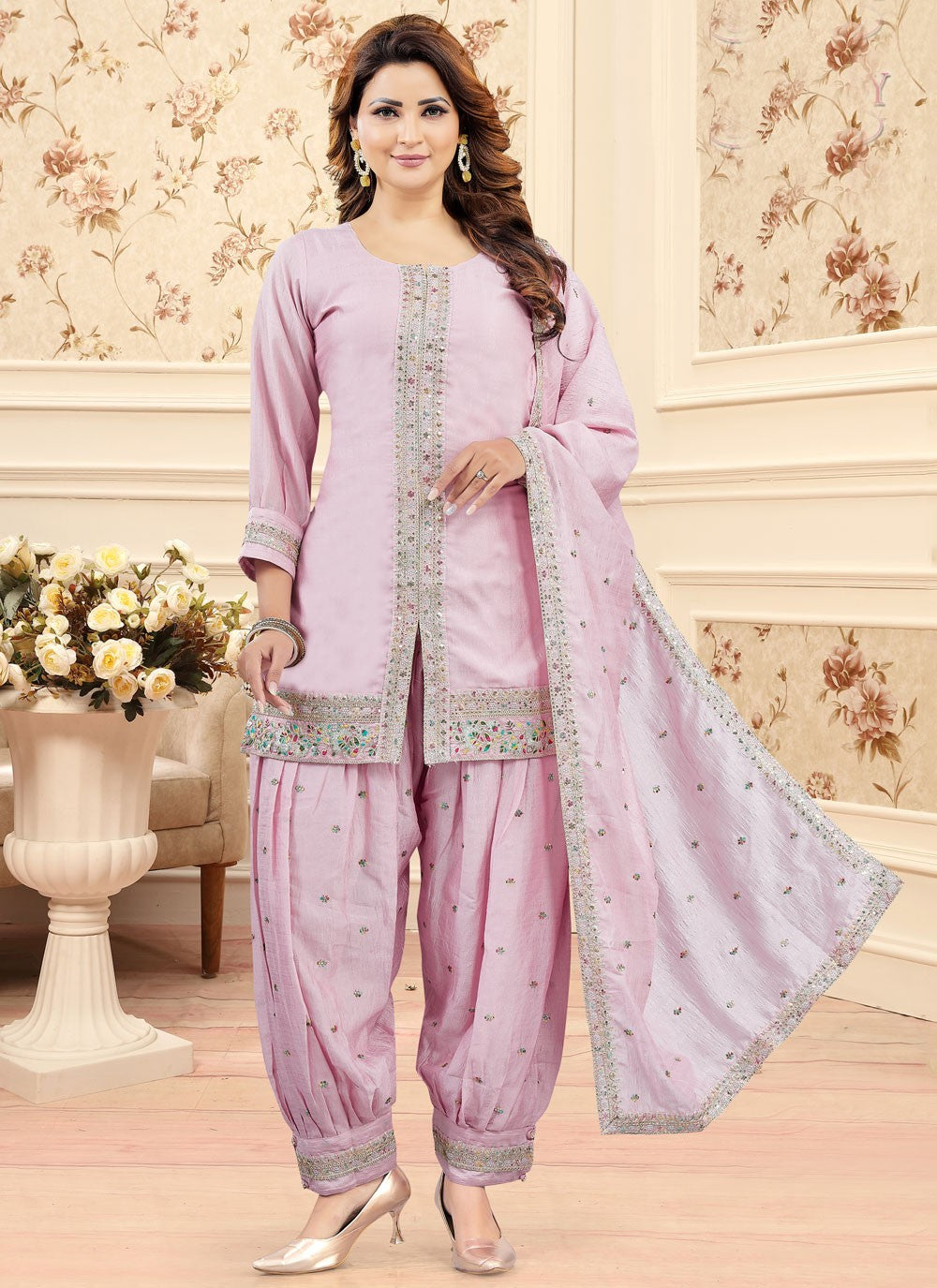 Salwar Suit Embroidered Pink Silk T5654
