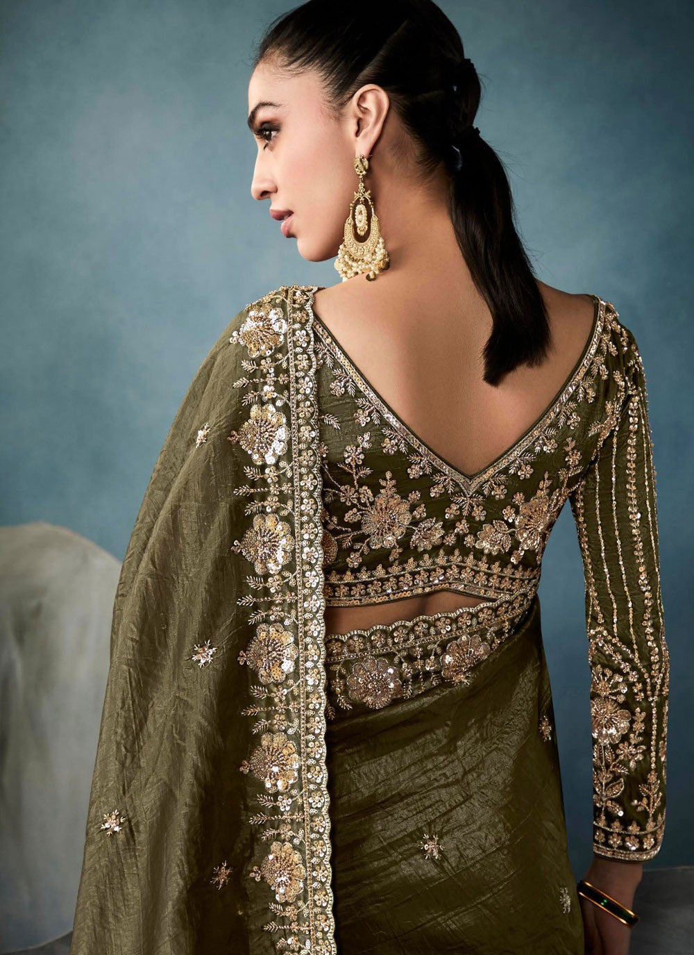 Cut Work Tissue Green Trendy Saree S14876