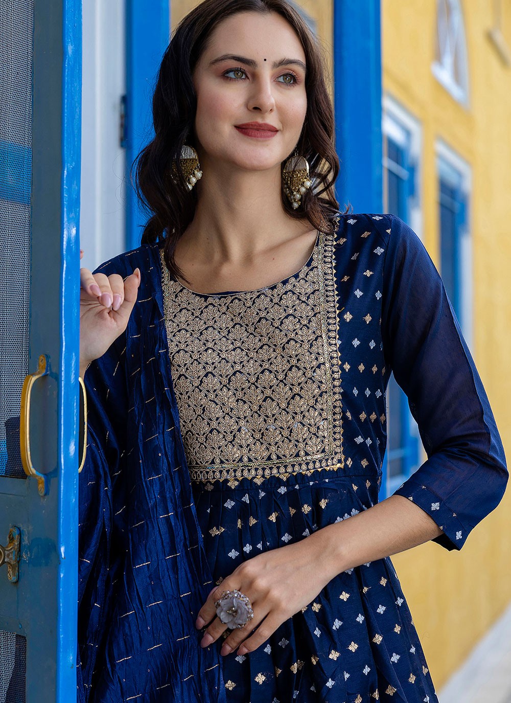 Pant Style Suit Embroidered, Jacquard Work Navy Blue T7116