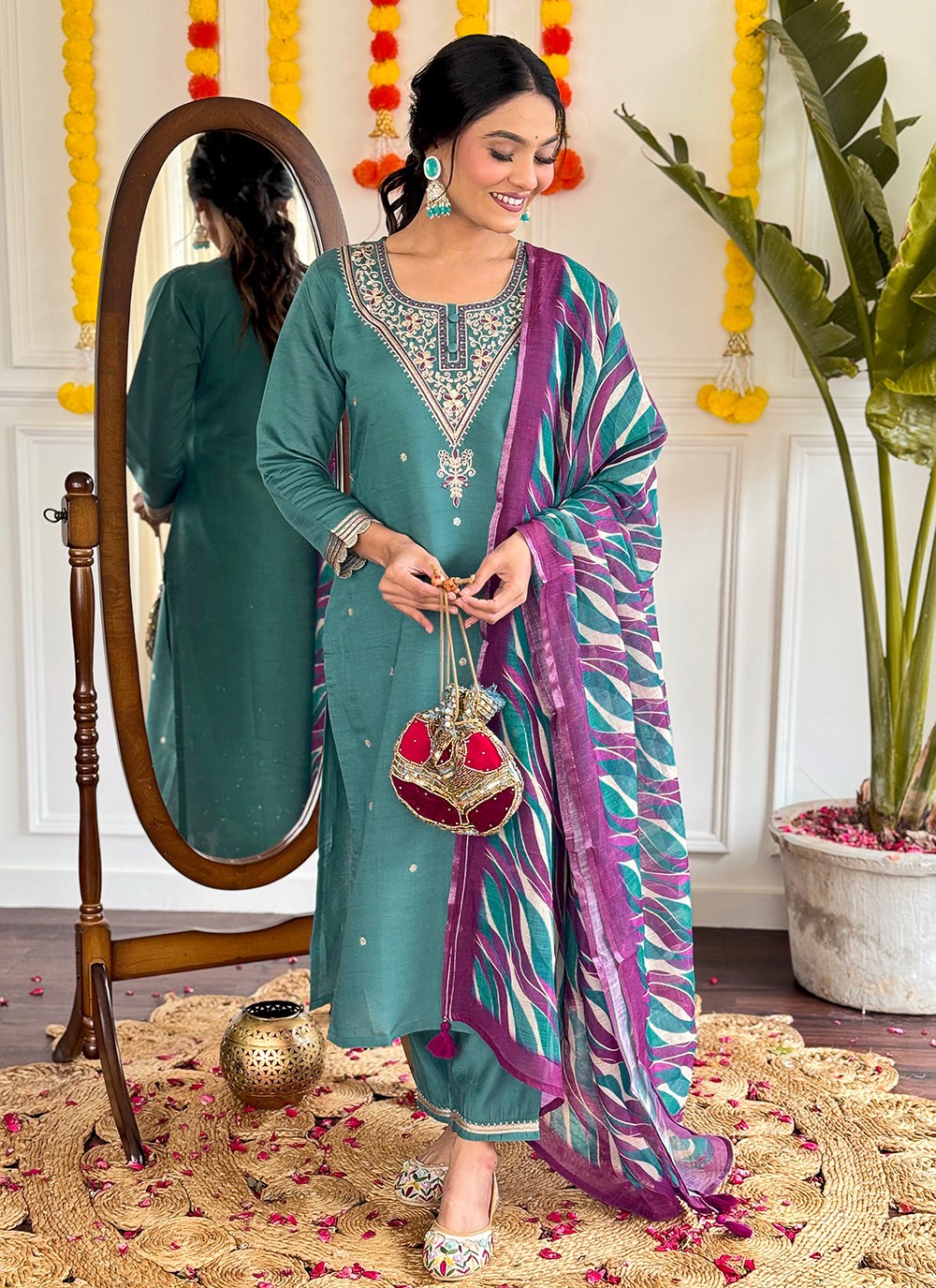 Embroidered Chanderi Teal Pant Style Suit T6292