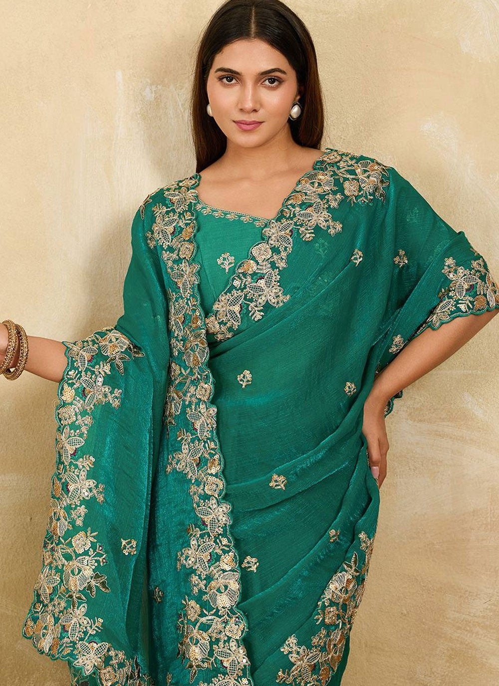 Sea Green Chiffon Classic Saree Embroidered S20109