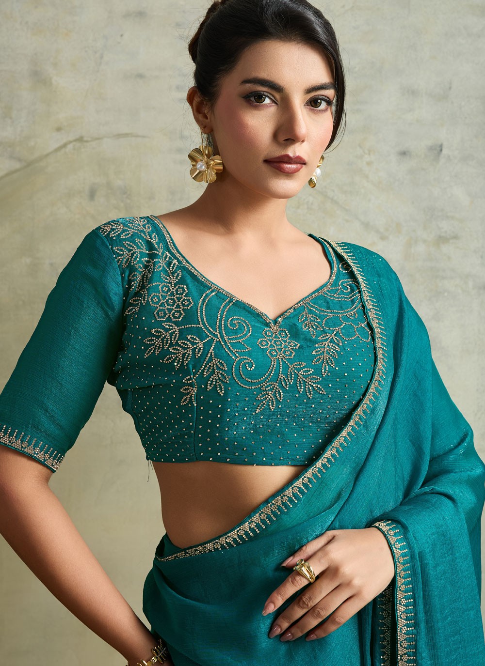 Sea Green Chiffon Classic Saree Embroidered S19826