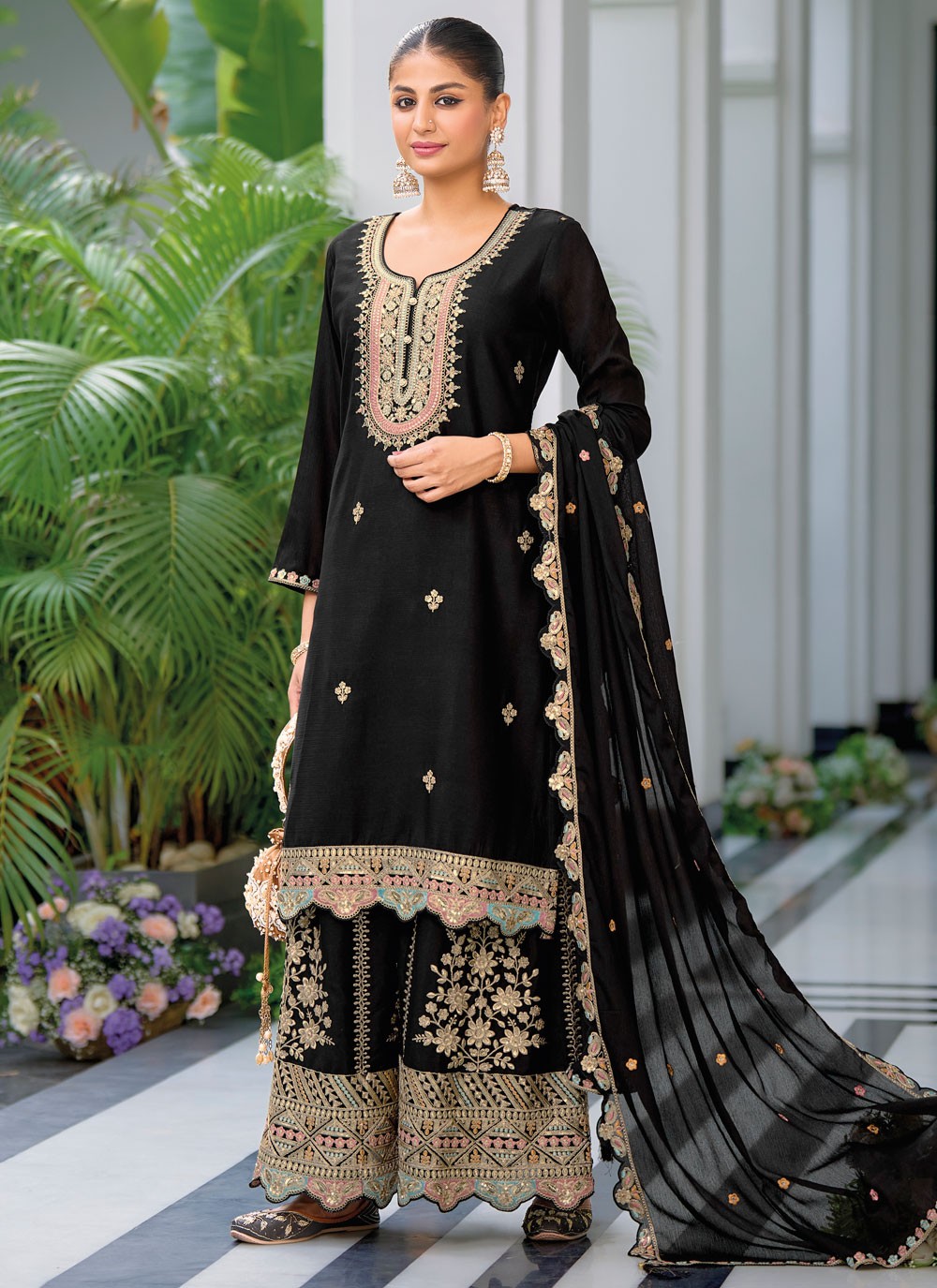 Salwar Suit Embroidered Black Chinon T5212