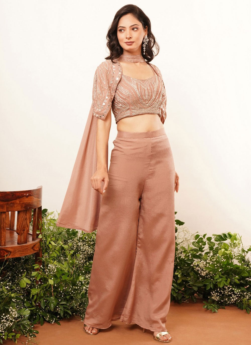 Salwar Suit Embroidered Brown Chinon T5430