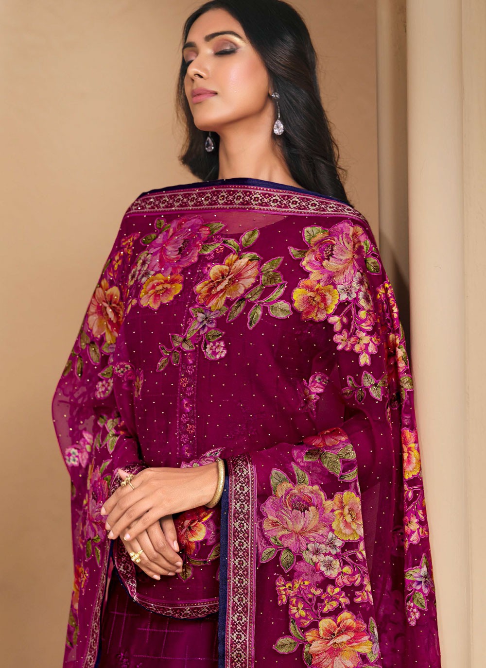 Pant Style Suit Embroidered Purple T7244