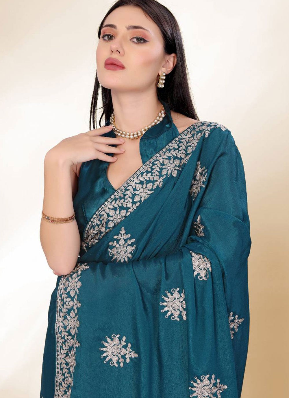 Embroidered Chinon Morpeach Saree S14166