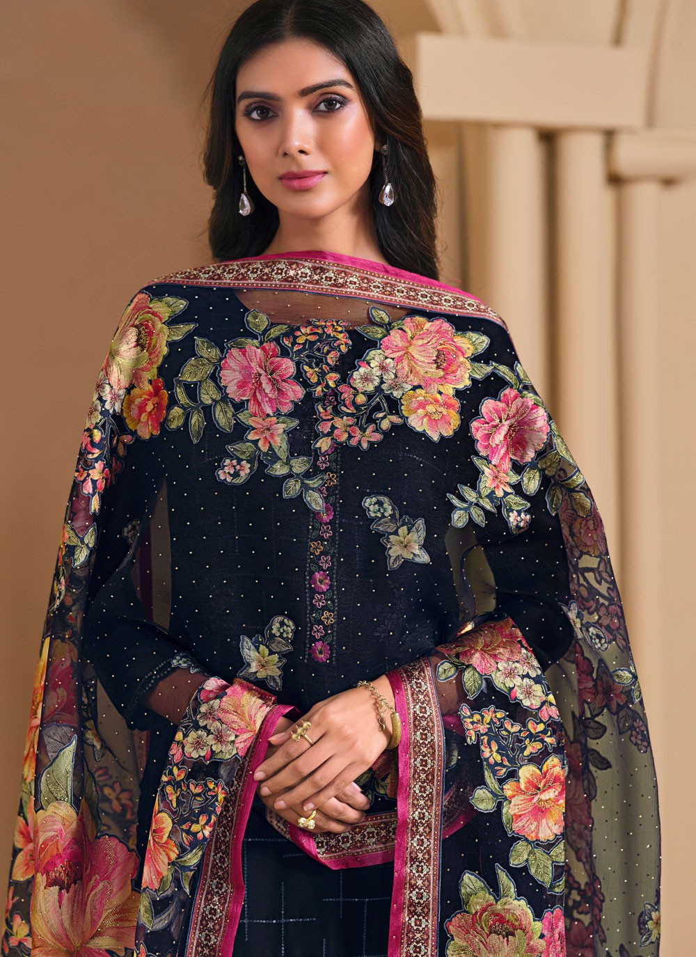 Pant Style Suit Embroidered Navy Blue T7243