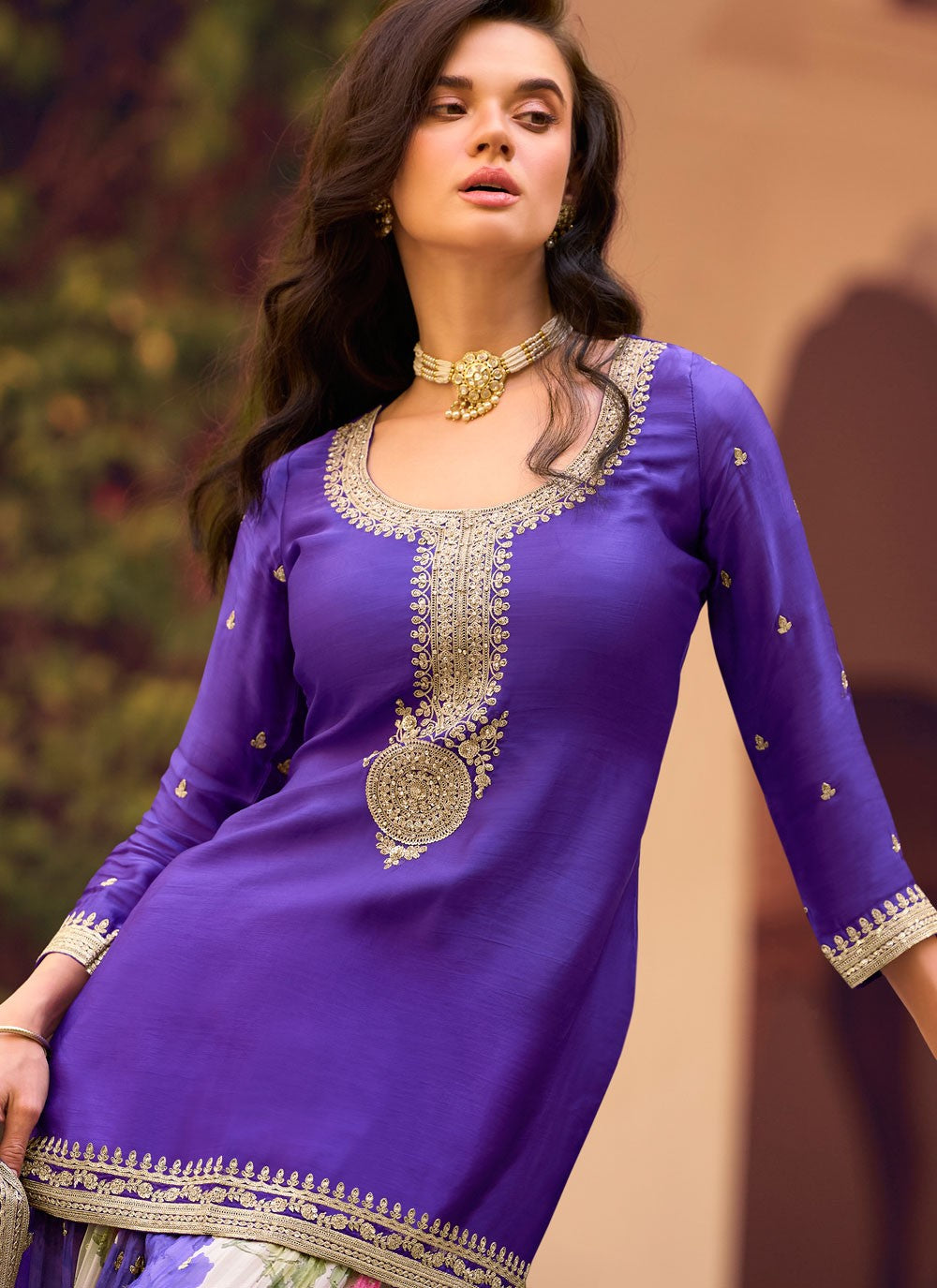 Palazzo Suit Embroidered Purple T8552