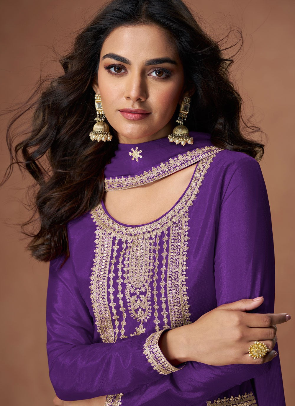 Palazzo Suit Embroidered, Zari Purple T7724