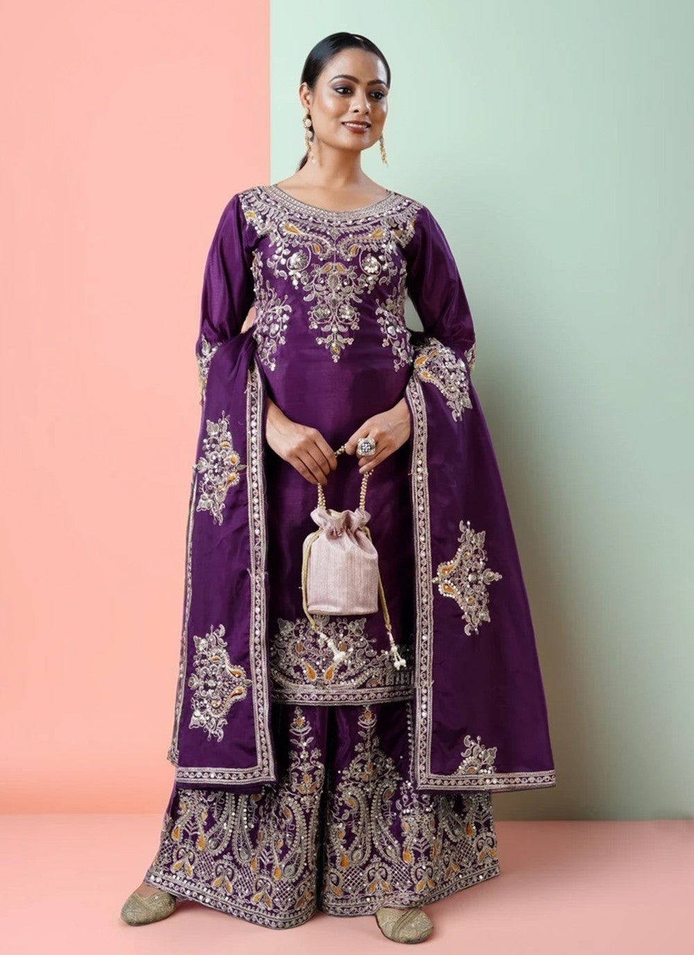 Palazzo Suit Embroidered Purple T7720