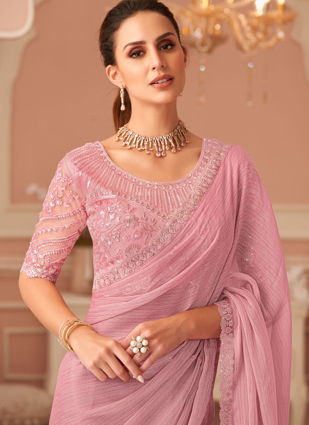 Classic Saree Border Work Pink Georgette Saree S13647