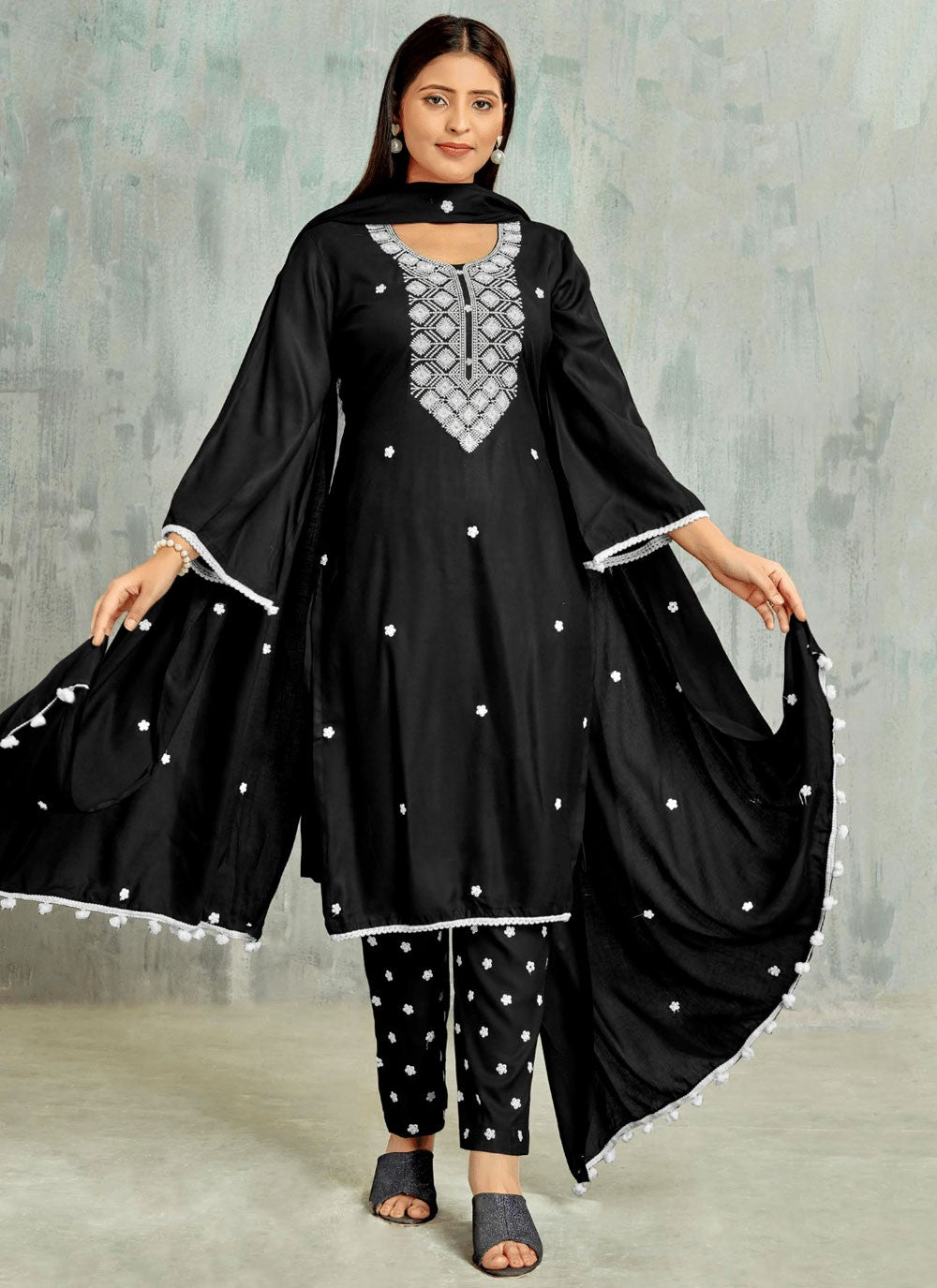 Salwar Suit Embroidered Black Cotton T5247