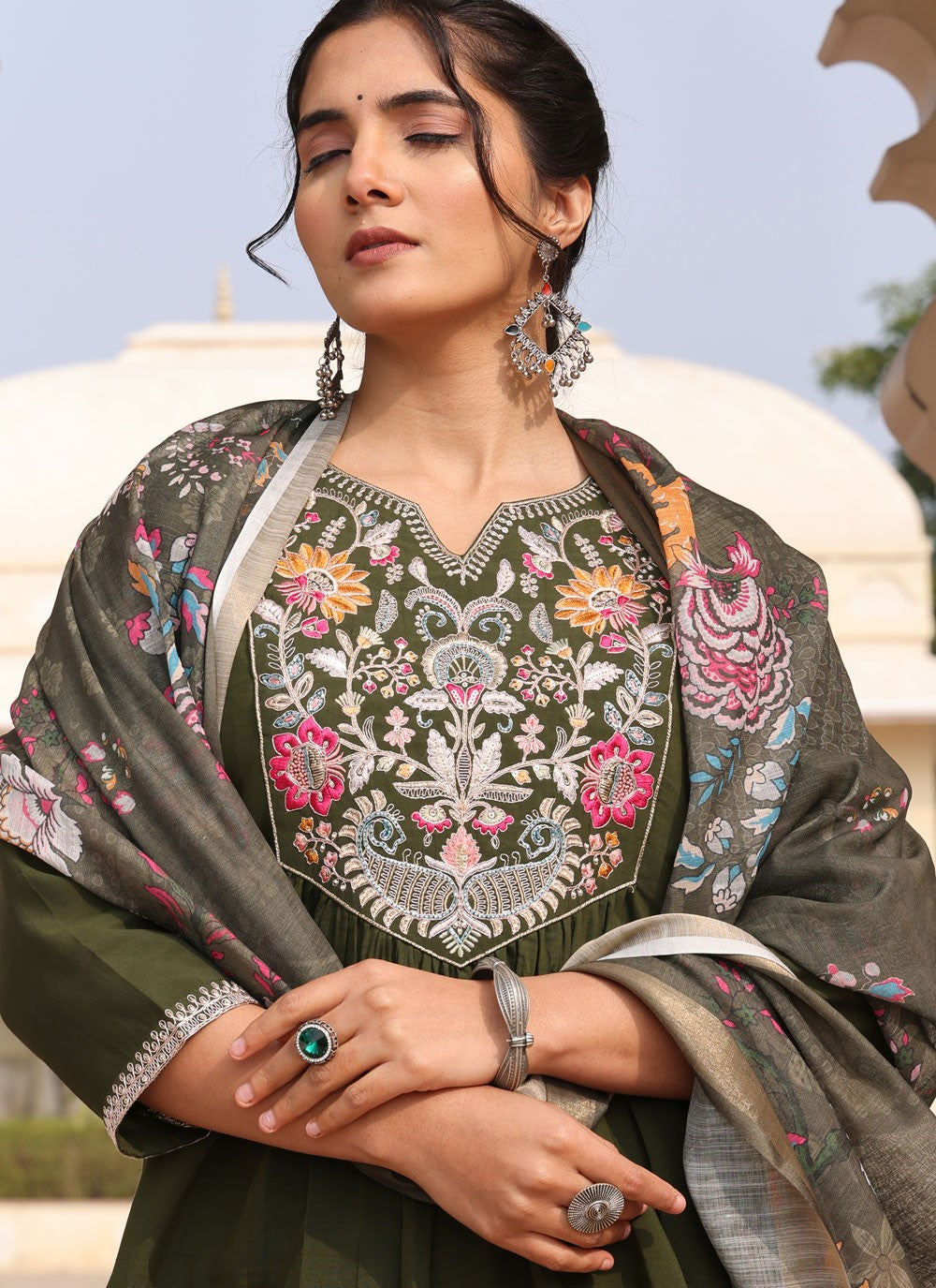 Salwar Suit Embroidered Green Cotton Silk T5744