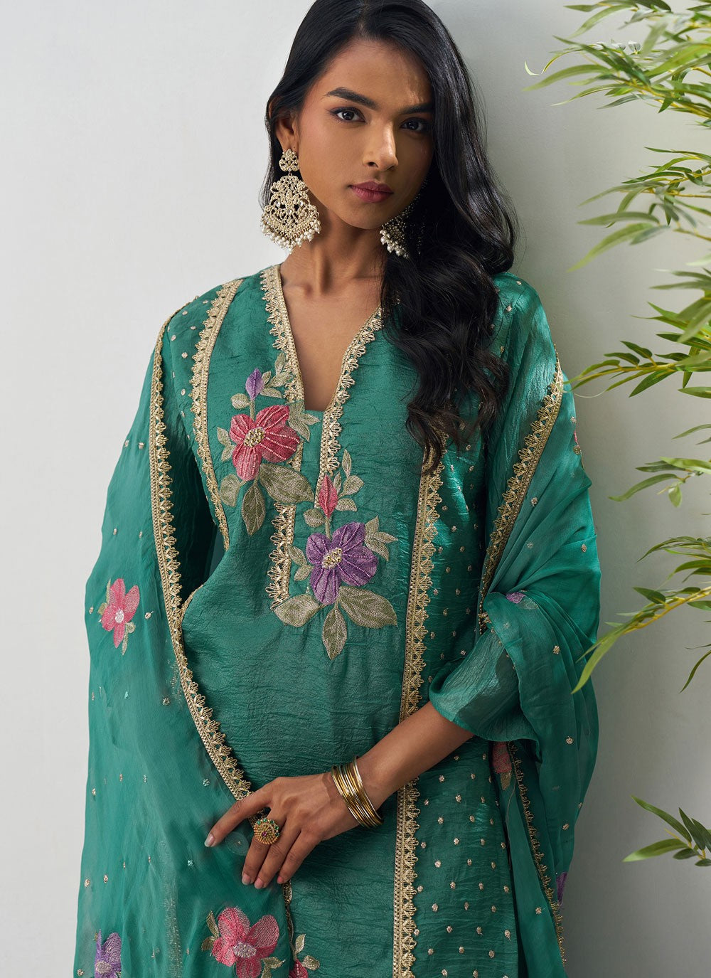 Pant Style Suit Embroidered, Fancy Work Teal T7893