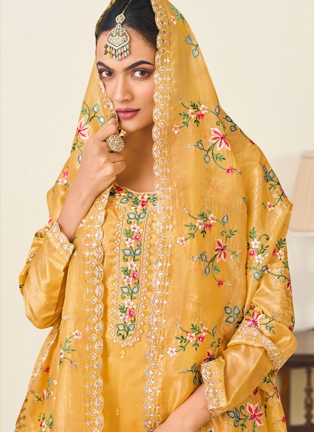 Pant Style Suit Embroidered Yellow T7024