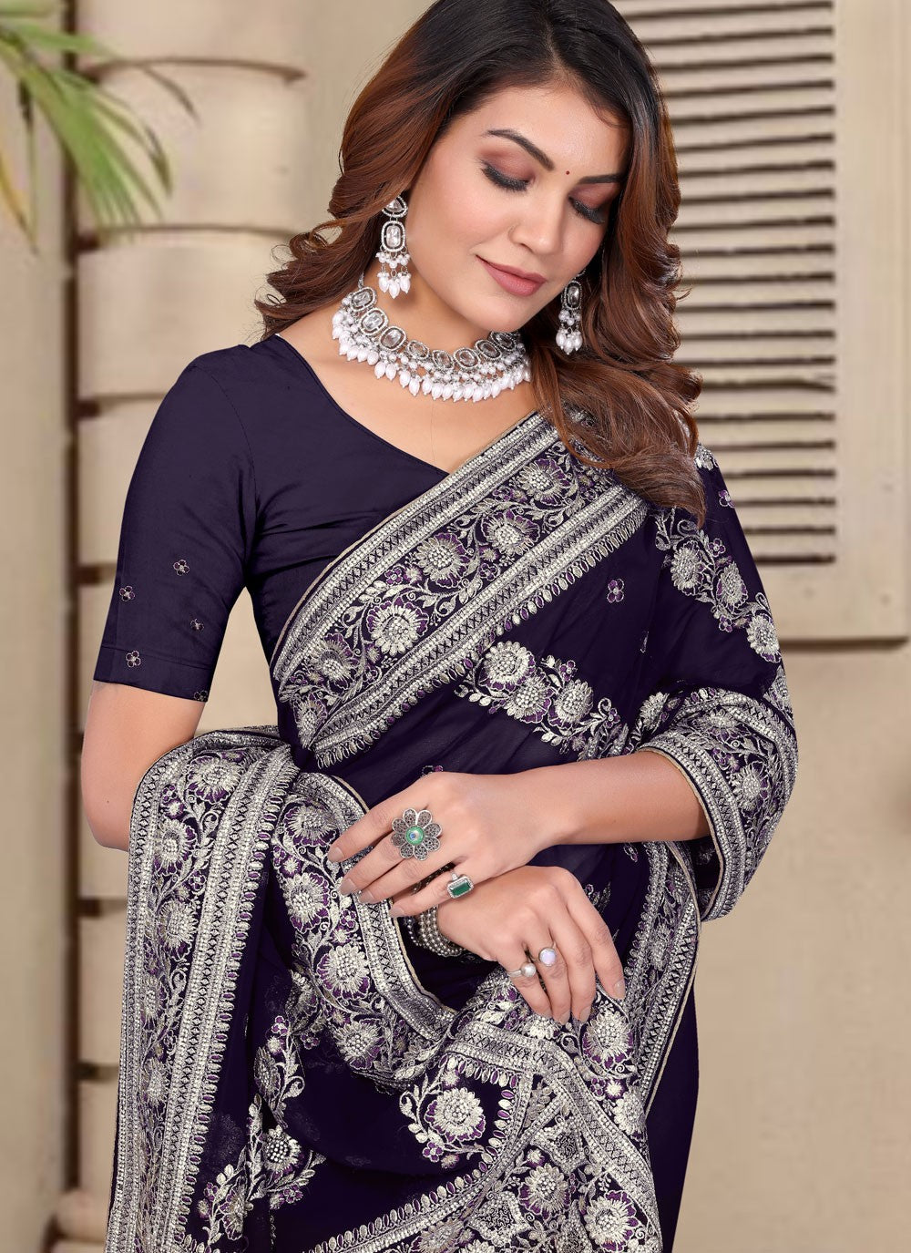 Embroidered Georgette Purple Designer Saree S14959