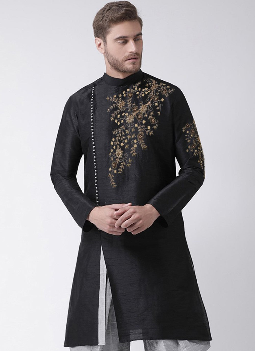 Embroidered Dupion Silk Black Angrakha - M3184