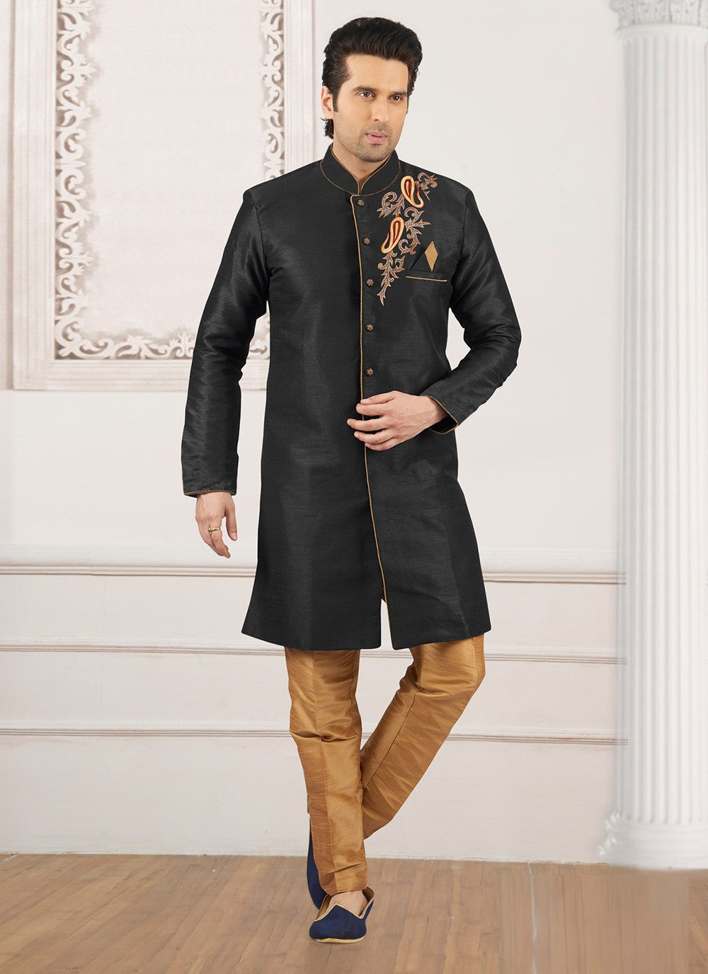 Embroidered Dupion Silk Black Indo Western - M6391
