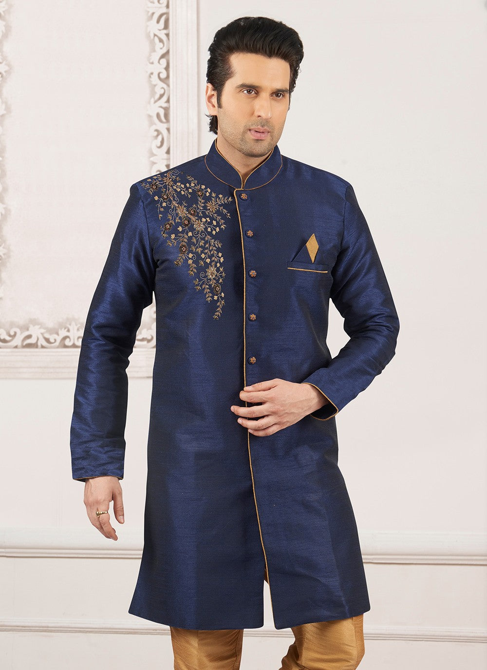 Embroidered Dupion Silk Navy Blue Kurta - M6292